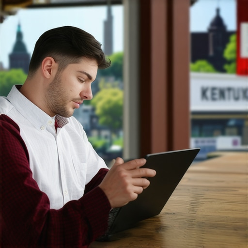 Kentucky small business owner reviewing SEO analytics with landmarks in background