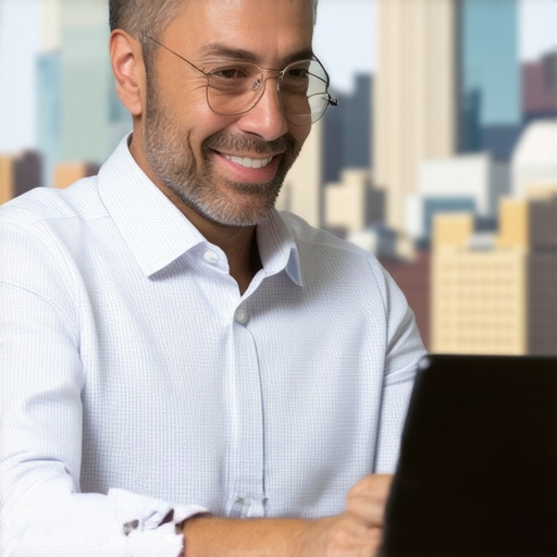 Lexington Business Optimization in Action Business owner working on Google My Business profile with Lexington city background