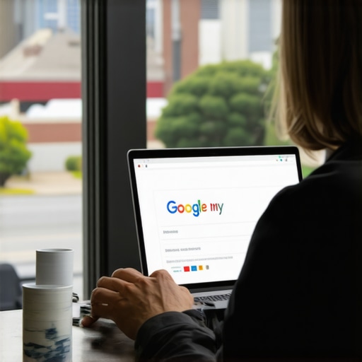 Business owner updating Google My Business profile with Lexington cityscape in background.