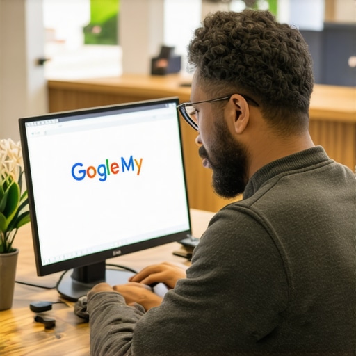 Business owner optimizing Google My Business profile on a laptop inside a Lexington shop.