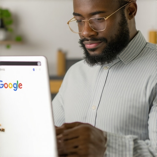 Business owner optimizing Google My Business profile on a laptop.
