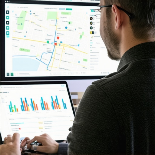 Business owner analyzing SEO data with Lexington map on screen, using SEO tools for local ranking