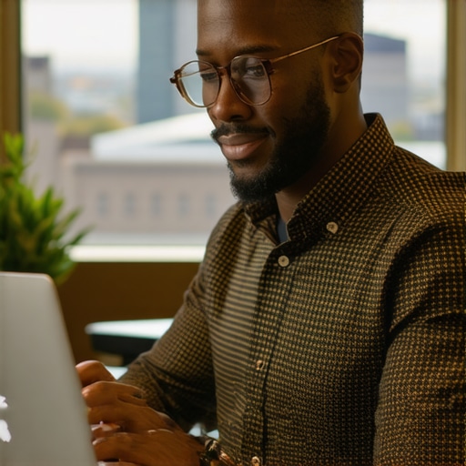 Lexington Business Using SEO Tools Business owner analyzing local SEO metrics on a laptop with Lexington city skyline