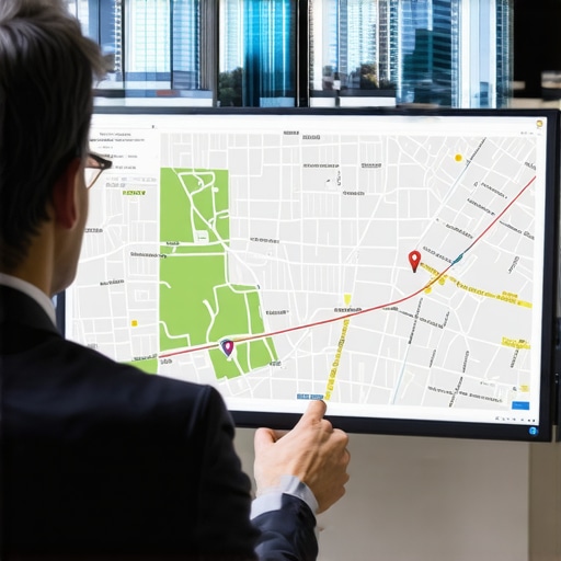 Business professional analyzing digital maps with Lexington landmarks