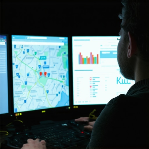 Digital marketer reviewing Kentucky maps and SEO metrics on computer screens.