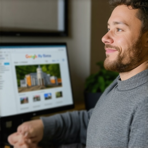 Business owner editing GMB profile on laptop with Lexington skyline in background.