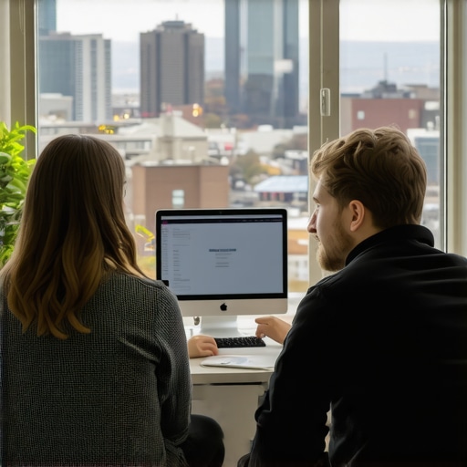 A team of digital marketers collaborating over SEO plan with Lexington cityscape in background