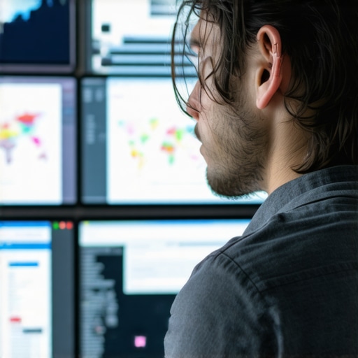 Person reviewing local SEO metrics on screens in a professional office setting