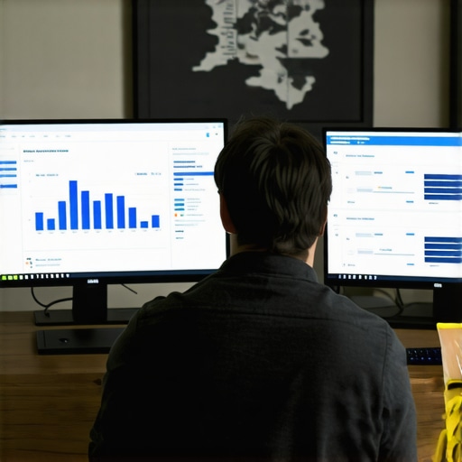 SEO analyst monitoring local search rankings in Kentucky Digital marketing professional analyzing local SEO data on computer screens in an office with Kentucky decor.