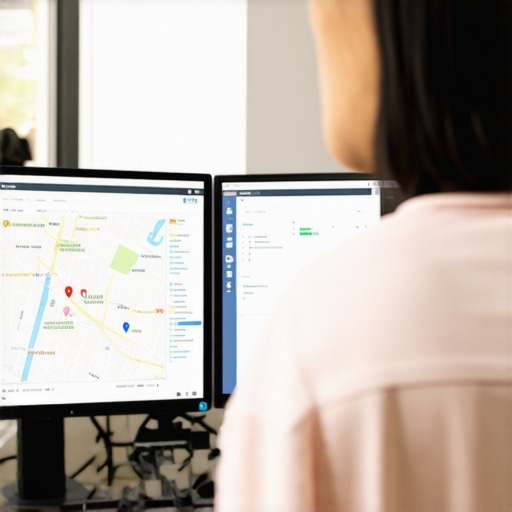 Person analyzing SEO data and maps for Lexington KY on computer screens.