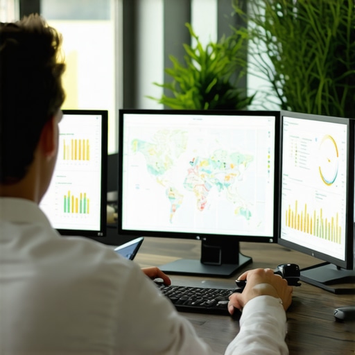 Digital marketer monitoring local SEO metrics and Google Maps rankings on multiple screens.