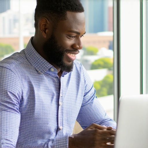 Business owner analyzing Google reviews on a laptop with Lexington cityscape in background.