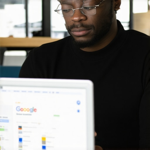 Business owner updating Google My Business profile on laptop