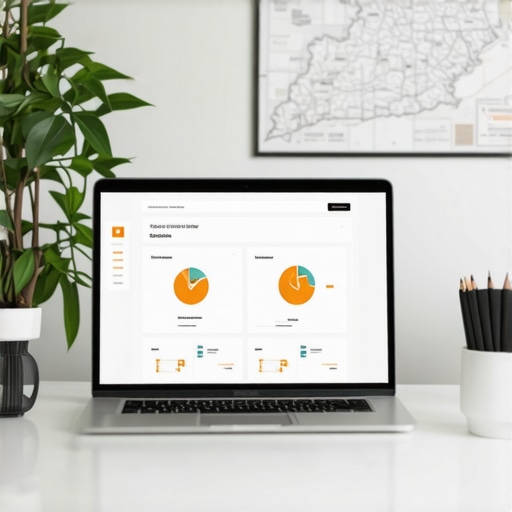 Open laptop displaying SEO dashboards with Kentucky maps in background.