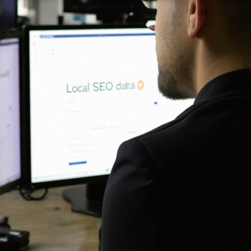 A digital marketer reviewing SEO analytics on multiple monitors to improve Kentucky maps ranking.