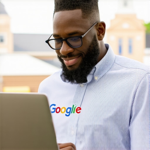 Business owner updating Google My Business profile with Lexington landmarks in the background.