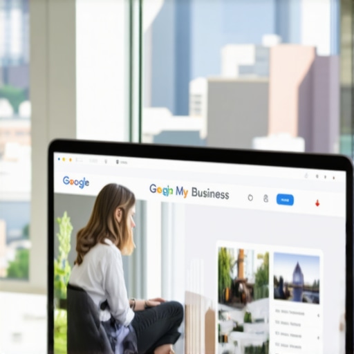 Business owner updating Google My Business profile on laptop with Lexington city skyline