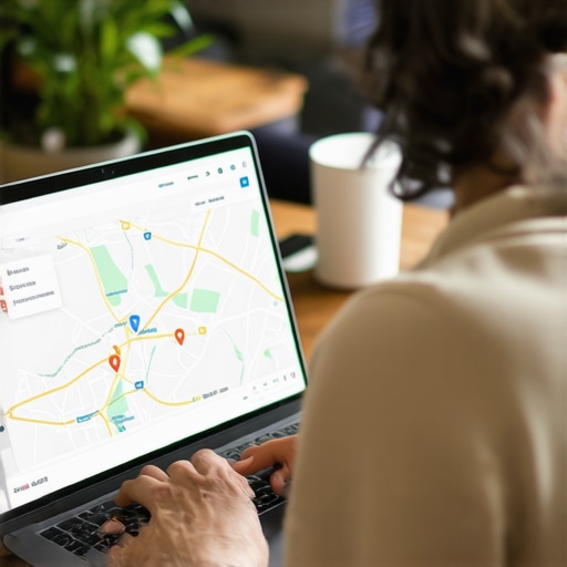 Business owner updating Google My Business profile on laptop with Kentucky map background.
