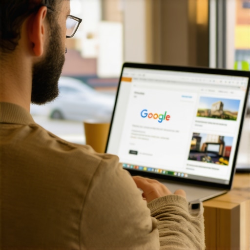 Business owner optimizing Google My Business profile with Lexington city background.